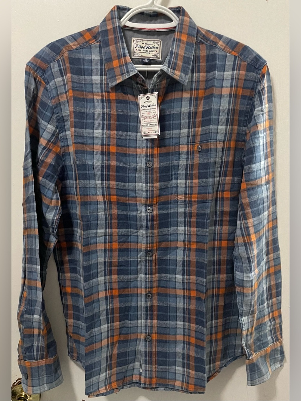 Flag & Anthem Men’s Navy Orange Blue Button Up Long Sleeve Plaid Shirt Medium M